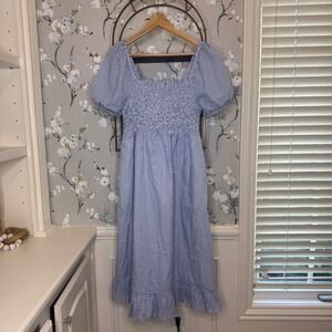 J.Crew Blue White Striped Smocked Puff Sleeve Midi Dress Womens Medium NEW